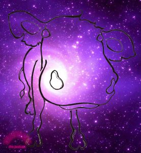 Galactica, an enormous cow filled with a glowing, sparkling purple universe